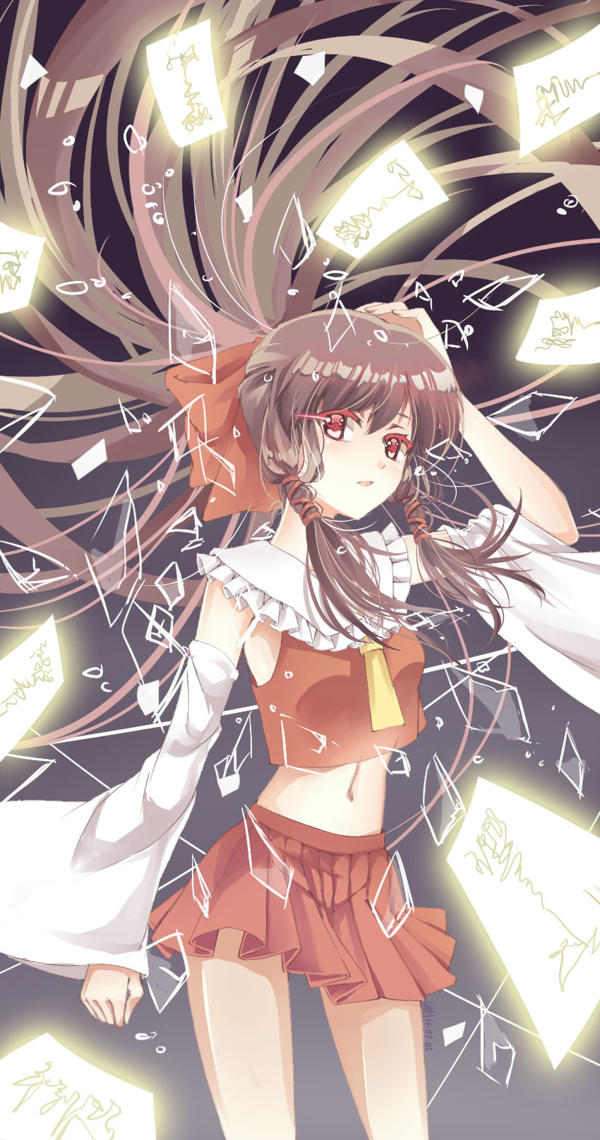 1girl adapted_costume broken_glass brown_hair dated detached_sleeves frilled_collar frills glass grey_background hair_ribbon hakurei_reimu highres long_hair miniskirt ofuda pleated_skirt ponytail red_eyes red_skirt ribbon signature skirt solo touhou tress_ribbon very_long_hair vioro wide_sleeves