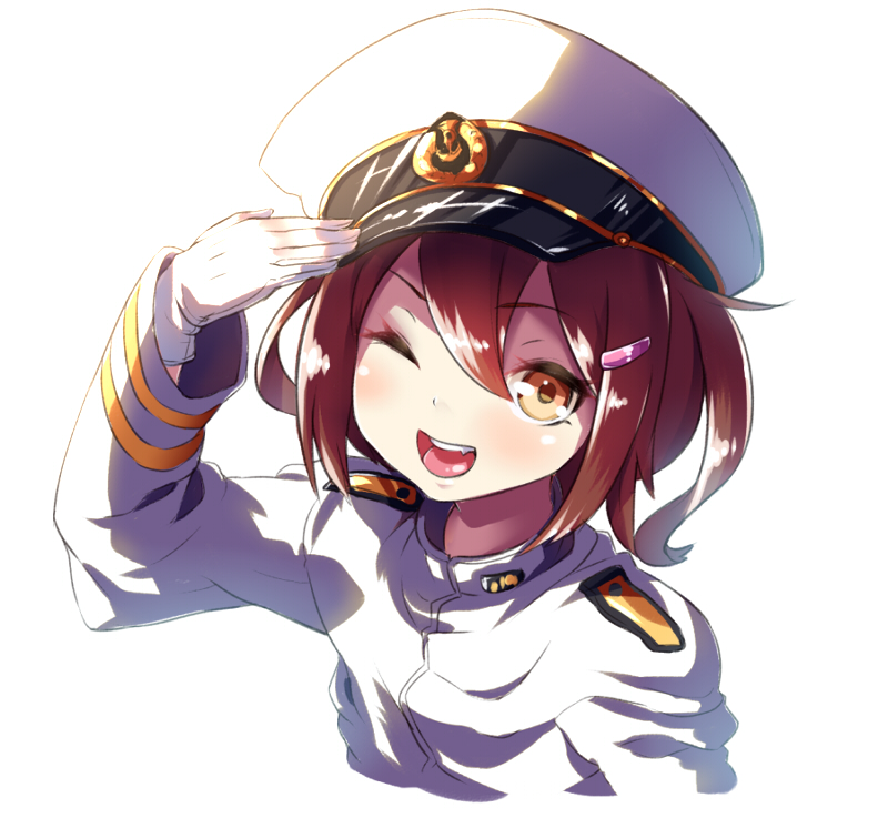 1girl admiral_(kantai_collection) admiral_(kantai_collection)_(cosplay) amatelas brown_eyes brown_hair fang gloves hair_ornament hairclip hat ikazuchi_(kantai_collection) kantai_collection looking_at_viewer military military_uniform naval_uniform one_eye_closed open_mouth salute short_hair solo uniform