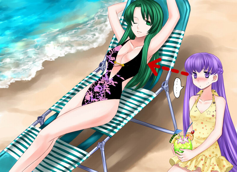 ... 2girls 74 beach beach_chair blush breast_envy breasts cecilia_(fire_emblem) cleavage directional_arrow dress fire_emblem fire_emblem:_fuuin_no_tsurugi green_eyes green_hair large_breasts long_hair lying multiple_girls ocean on_back one-piece_swimsuit one_eye_closed purple_hair sitting sofiya star_print sweatdrop swimsuit very_long_hair violet_eyes yellow_dress