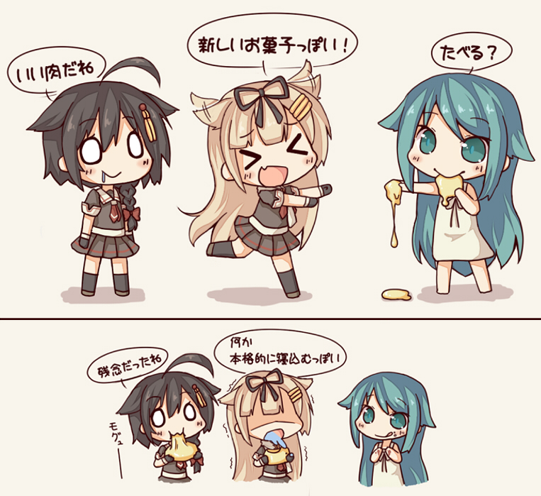 &gt;_&lt; 3girls :&gt; black_gloves black_hair black_skirt blonde_hair braid chibi dress drooling eating food gloves green_eyes green_hair hair_flaps hair_ornament hair_ribbon hairclip happy kantai_collection kata_meguma long_hair multiple_girls neckerchief necktie o_o ribbon saya saya_no_uta scarf school_uniform serafuku shaded_face shigure_(kantai_collection) single_braid skirt spitting sundress tehepero very_long_hair white_scarf yuudachi_(kantai_collection)