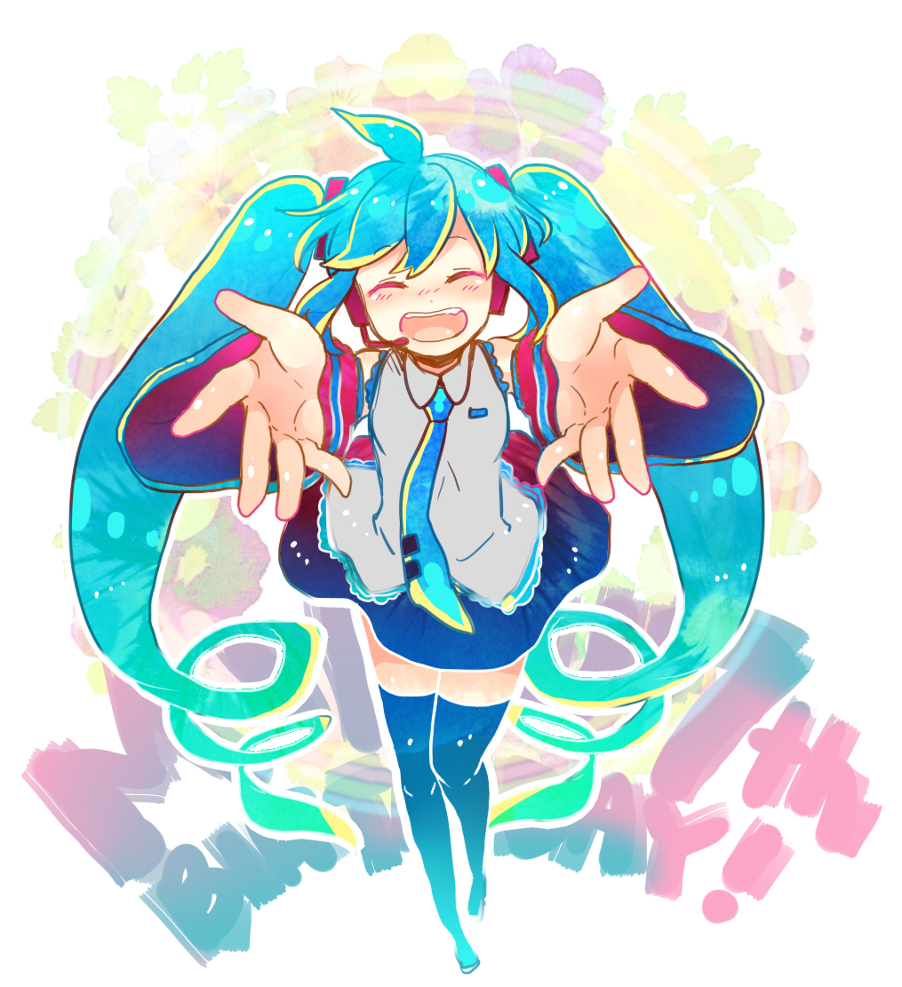 1girl 7:24 :d black_legwear blue_hair blush boots closed_eyes detached_sleeves happy_birthday hatsune_miku headset long_hair necktie open_mouth skirt sleeveless smile solo thigh-highs thigh_boots twintails very_long_hair vocaloid