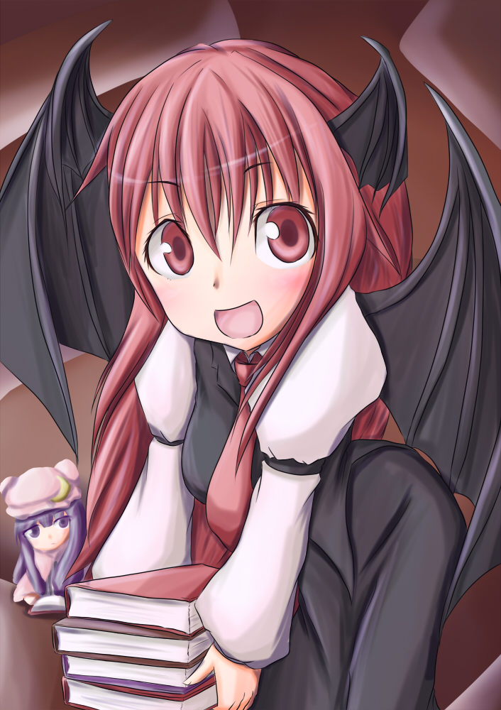:d book book_stack carrying character_doll demon_wings doll head_wings koakuma kounotsuki_yuu long_hair open_mouth patchouli_knowledge purple_hair red_eyes redhead smile touhou violet_eyes wings