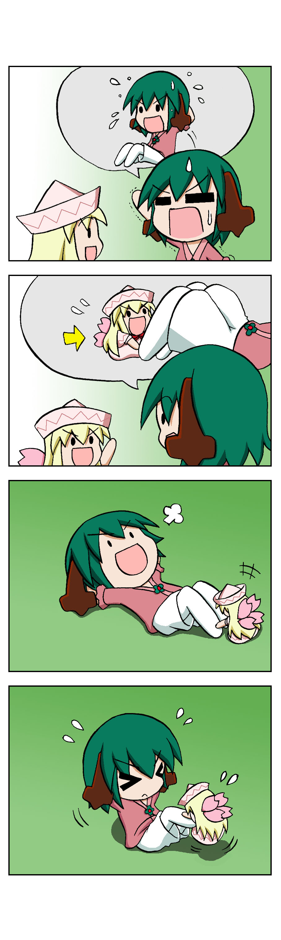 &gt;_&lt; 2girls 4koma absurdres animal_ears arms_behind_head blonde_hair capelet chibi closed_eyes comic dress fairy_wings flying_sweatdrops green_hair hat highres kasodani_kyouko lifting_person lily_white minigirl multiple_girls open_mouth pink_dress rakugaki-biyori shirt shorts silent_comic sit-up smile touhou trembling wings you're_doing_it_wrong