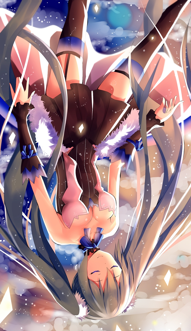 1girl 7th_dragon 7th_dragon_2020 closed_eyes detached_sleeves garter_straps green_hair hatsune_miku highres long_hair skirt solo thigh-highs twintails upside-down very_long_hair vocaloid