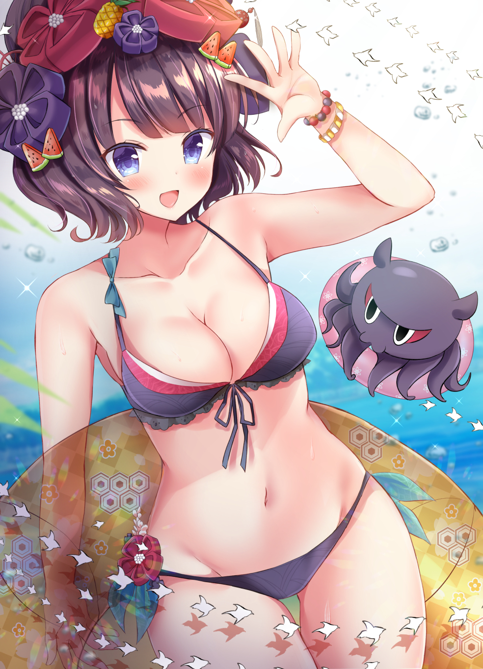 1girl :d arm_up bangs bare_shoulders bikini blue_eyes blush breasts brown_hair cleavage collarbone commentary_request eyebrows_visible_through_hair fate/grand_order fate_(series) flower front-tie_bikini front-tie_top gluteal_fold hair_flower hair_ornament halterneck hand_up highres innertube japanese_clothes katsushika_hokusai_(fate/grand_order) kimono large_breasts looking_at_viewer masayo_(gin_no_ame) navel octopus open_mouth short_hair side-tie_bikini smile solo swimsuit