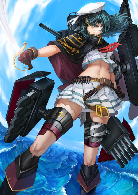 1girl cape eyepatch from_below green_eyes green_hair grin hat kantai_collection kiso_(kantai_collection) midriff navel pleated_skirt skirt smile solo sturmjager sword water weapon