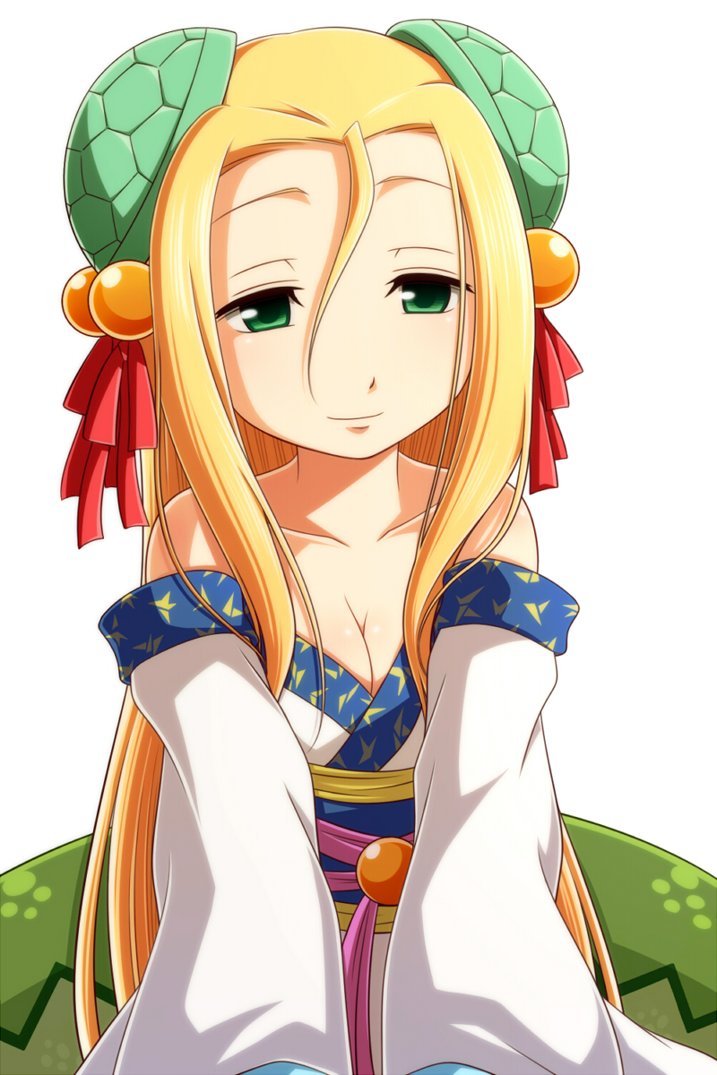 1girl bare_shoulders blonde_hair bow breasts cleavage collarbone green_eyes hair_bobbles hair_bow hair_ornament highres japanese_clothes kimono long_hair long_sleeves meimei_(p&amp;d) obi off_shoulder puzzle_&amp;_dragons red_ribbon ribbon sash simple_background smile snake solo tottsuman turtle_shell white_background