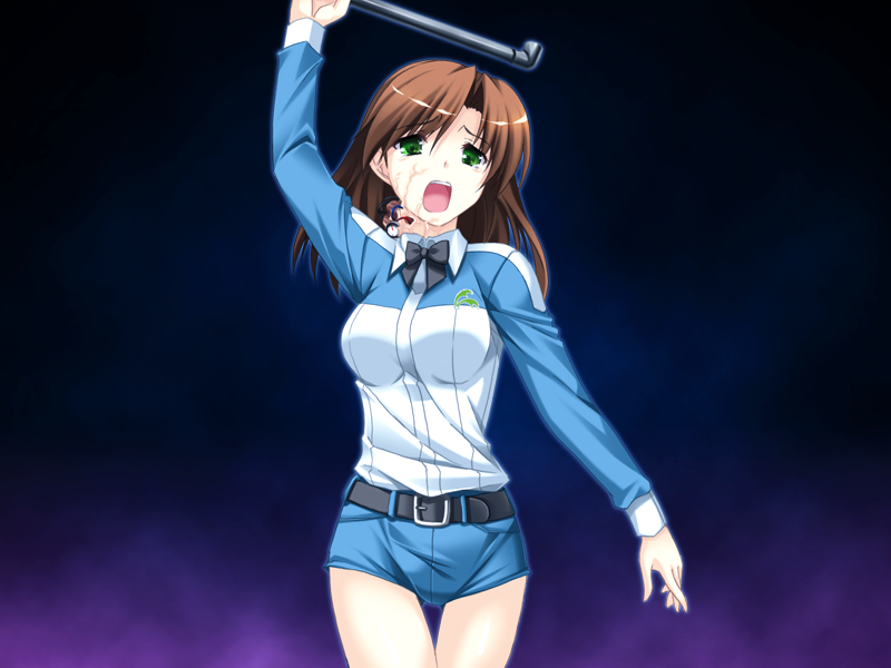 1girl belt bloody_rondo bow brown_hair extra game_cg green_eyes makita_maki pipe shorts solo tears thigh_gap tnt