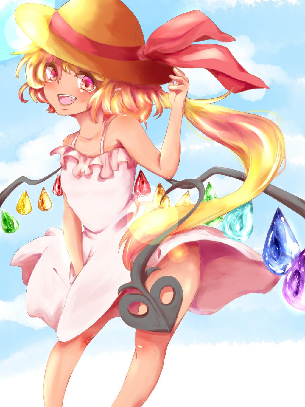 1girl alternate_costume asymmetrical_hair asymmetrical_wings bare_legs bare_shoulders beach blonde_hair dress dress_tug faux_traditional_media flandre_scarlet hat highres laevatein looking_at_viewer ocean open_mouth pink_dress pointy_ears red_eyes short_hair side_ponytail smile strap straw_hat tan_skin touhou wings