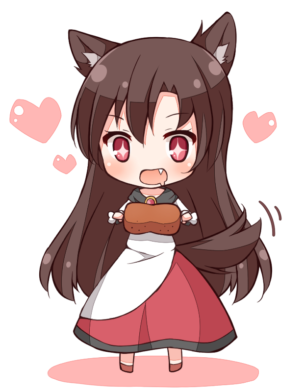 1girl animal_ears boned_meat brooch brown_hair chibi commentary_request drooling fang food heart imaizumi_kagerou jewelry long_sleeves meat open_mouth red_eyes shichikaku shirt skirt solo tail tail_wagging touhou wide_sleeves wolf_ears wolf_tail