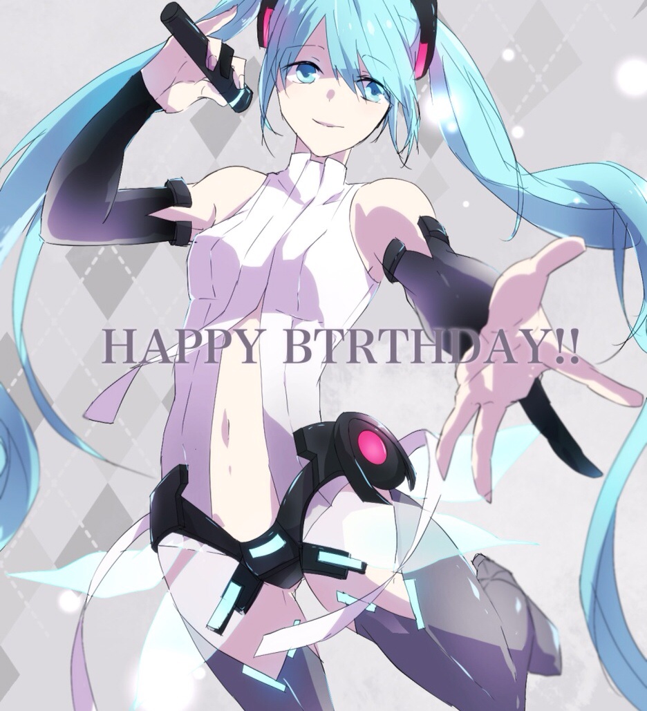 1girl aqua_eyes aqua_hair argyle argyle_background bridal_gauntlets center_opening happy_birthday hatsune_miku long_hair microphone miku_append necktie or_i outstretched_arm pinky_out solo thigh-highs twintails very_long_hair vocaloid vocaloid_append
