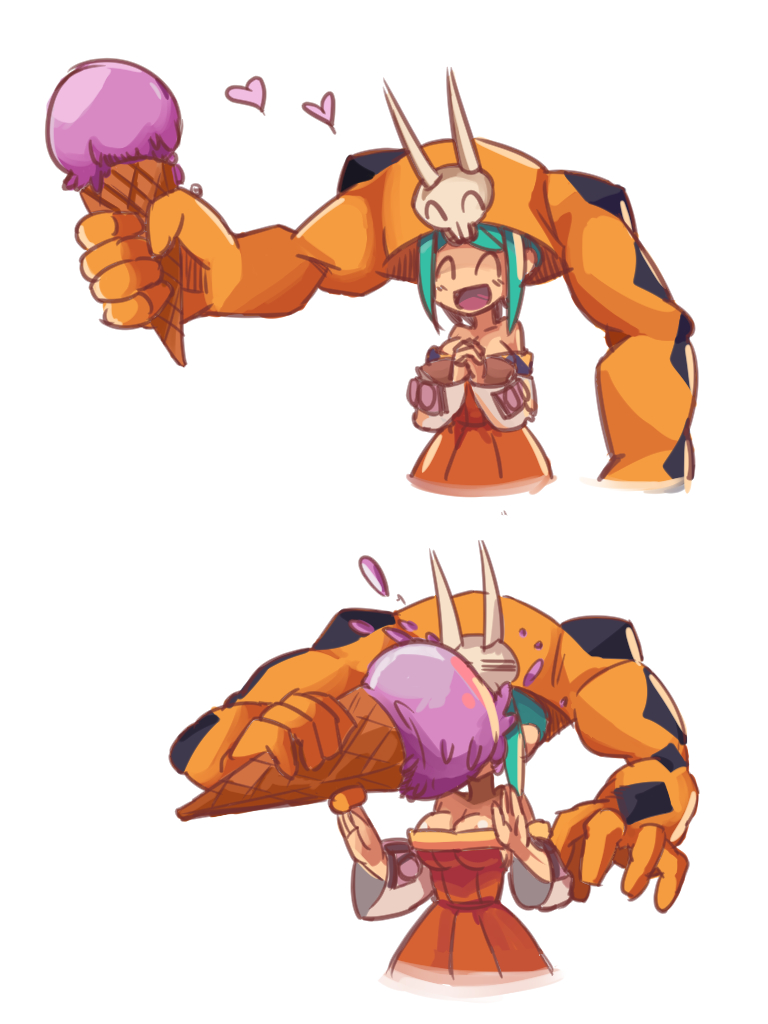1girl :d =_= aqua_hair breasts cerebella_(skullgirls) cleavage closed_eyes food holding ice_cream ice_cream_cone in_the_face large_breasts living_clothes long_hair open_mouth simple_background skull skullgirls smile solo vice-versa_(skullgirls) white_background zassou_maruko