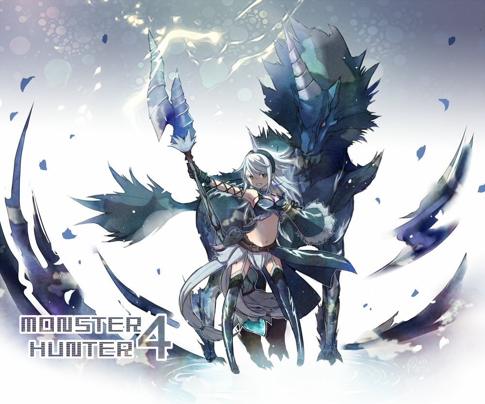 1girl belt black_gloves blue_legwear breasts cleavage fur_trim garter_straps gloves hairband heart holding_weapon horn kirin_(armor) kirin_(monster_hunter) long_hair monster_hunter monster_hunter_4 navel open_mouth outstretched_arms polearm ren-co sideboob skirt smile solo spear text thigh-highs title weapon white_hair yellow_eyes