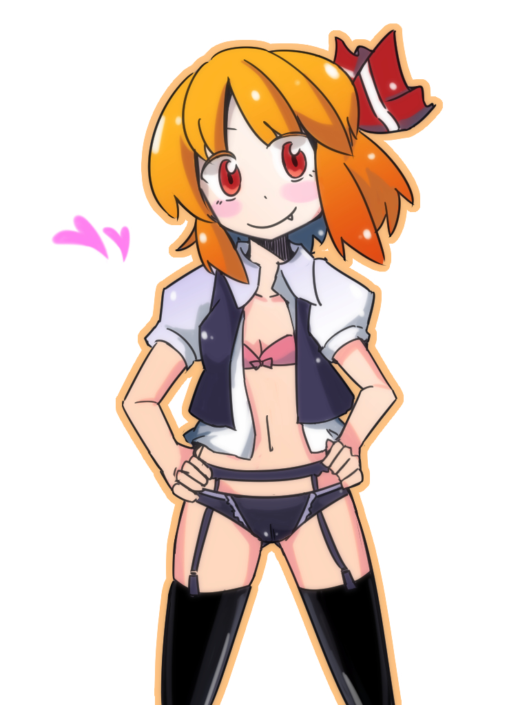 1girl black_legwear black_panties blush bow bow_bra bra breasts cleavage collarbone collared_shirt cowboy_shot fang garter_straps hands_on_hips heart midriff navel open_clothes open_shirt orange_hair outline panties pink_bow pink_bra red_eyes rumia short_hair simple_background smile solo thigh-highs touhou underwear vest white_background zassou_maruko