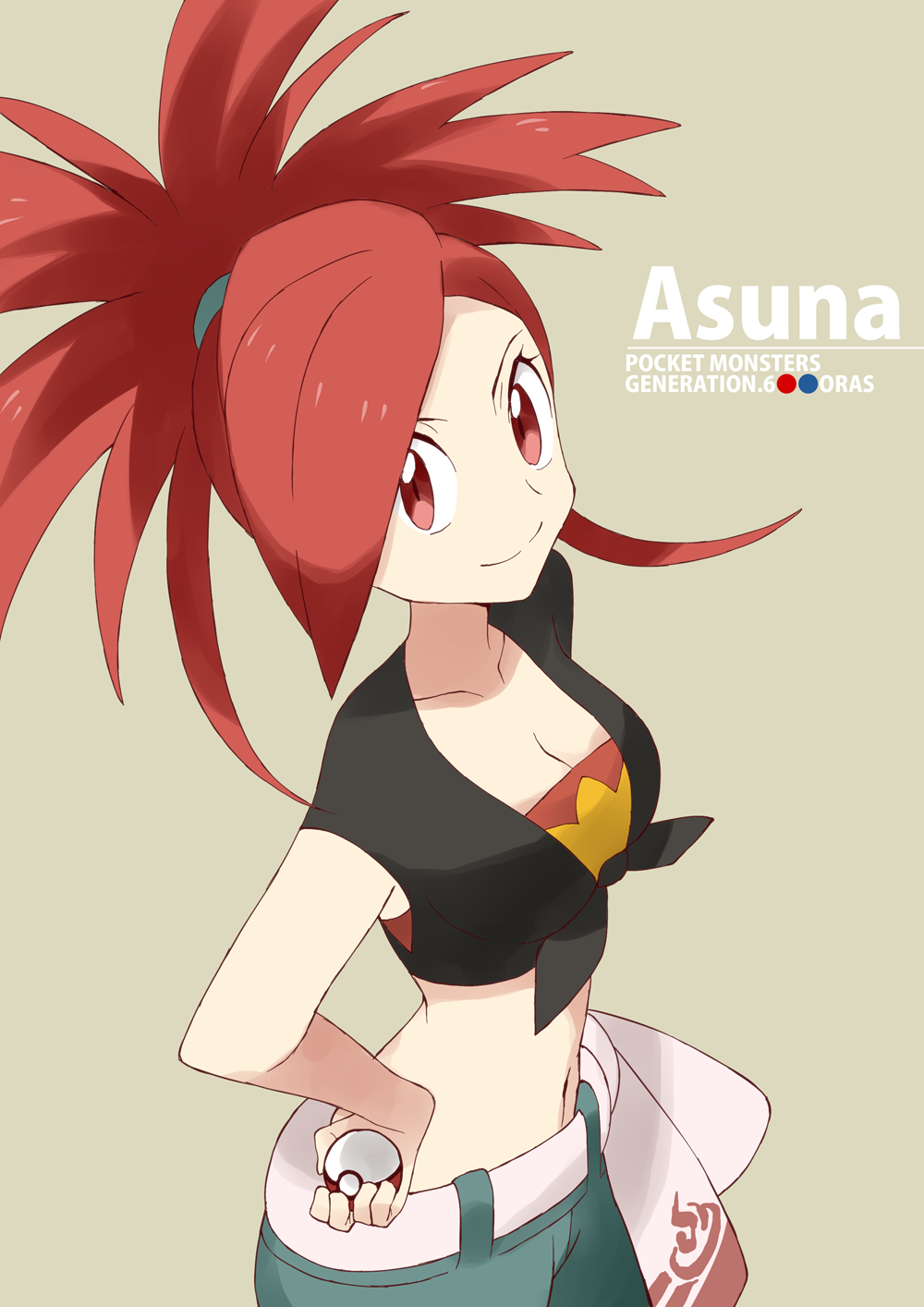 asuna_(pokemon) highres midriff navel poke_ball pokemon pokemon_(game) pokemon_oras ponytail red_eyes redhead souji