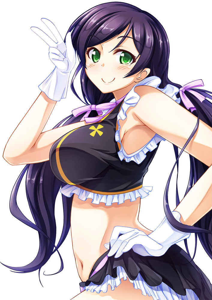 1girl blush gloves green_eyes hand_on_hip long_hair looking_at_viewer love_live!_school_idol_project midriff navel purple_hair simple_background skirt smile solo toujou_nozomi tsukimiya_kyousuke twintails v white_background white_gloves