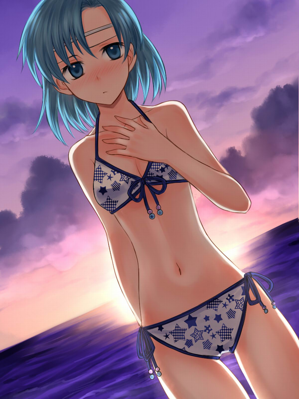 1girl 74 alternate_costume bikini blue_eyes blue_hair blush breasts circlet cleavage clouds cloudy_sky embarrassed fire_emblem fire_emblem:_fuuin_no_tsurugi front-tie_top looking_at_viewer navel ocean short_hair side-tie_bikini sky small_breasts solo sunset swimsuit tate