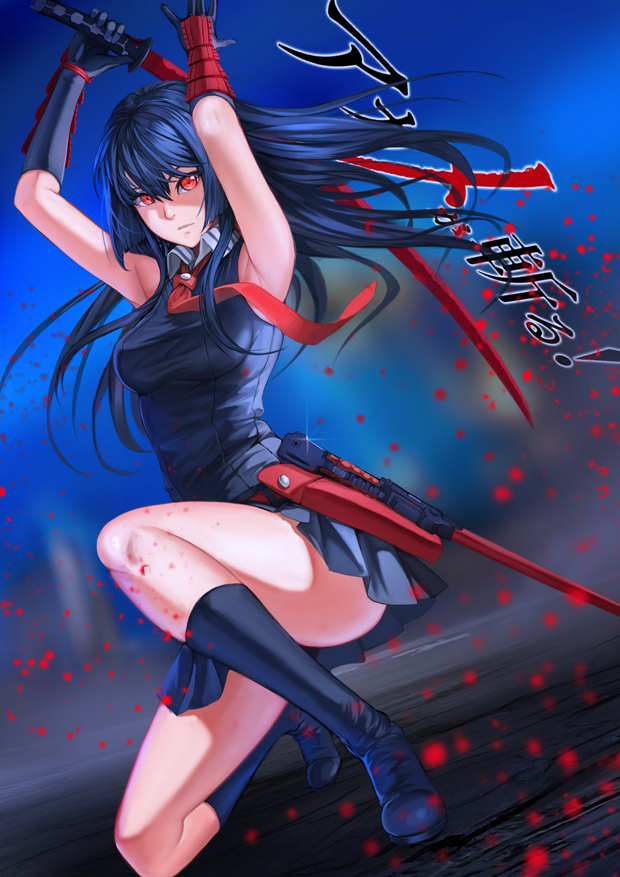 1girl akame akame_ga_kill! armpits arms_up black_hair blood blurry boots breasts depth_of_field dress frown gloves long_hair necktie red_eyes solo sturmjager sword weapon