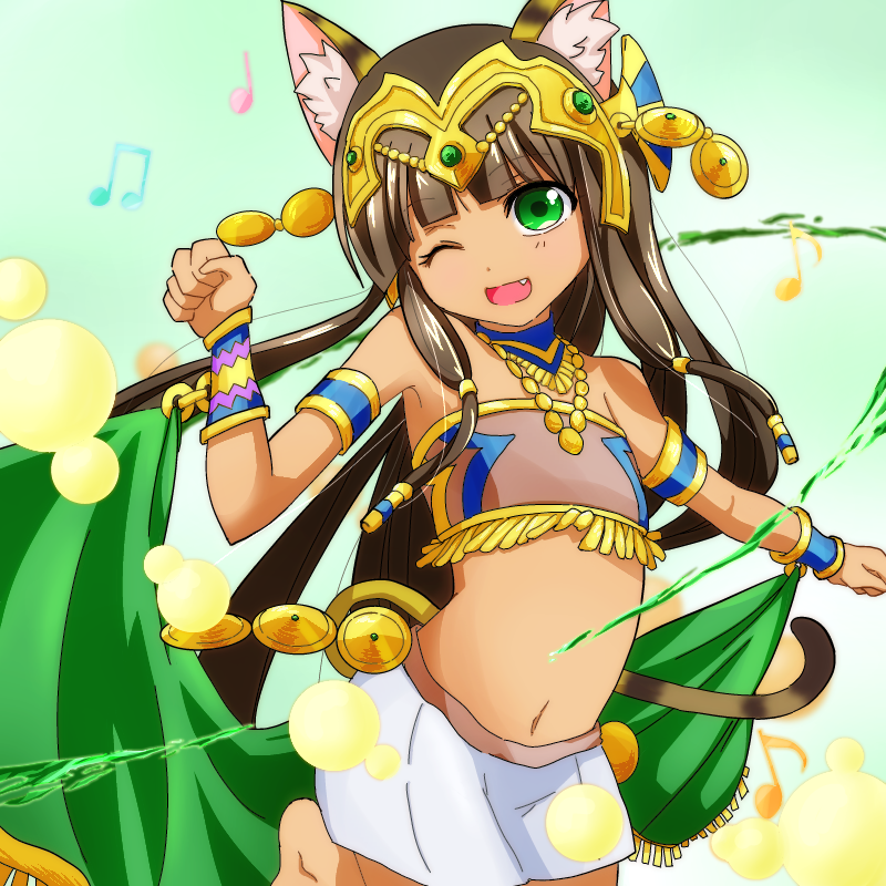 1girl :d ;d alice_bambi animal_ears armlet bare_shoulders bastet_(p&amp;d) bracer brown_hair cat_ears cat_tail closed_eyes egyptian egyptian_clothes fang green_eyes jewelry leg_up light_particles long_hair musical_note navel necklace one_eye_closed open_mouth paw_pose puzzle_&amp;_dragons skirt smile solo tail tubetop white_skirt