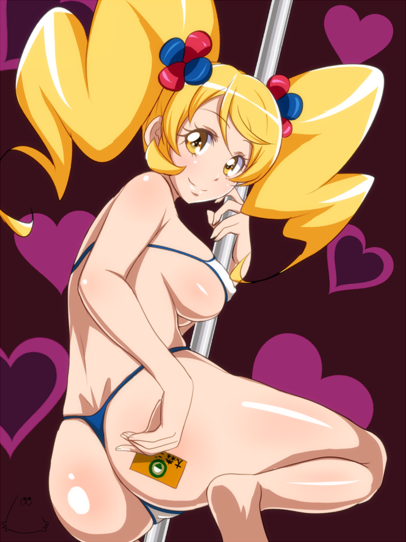 1girl ass blonde_hair breasts cure_honey happinesscharge_precure! heart heart_background jabara921 long_hair oomori_yuuko popcorn_cheer precure smile twintails