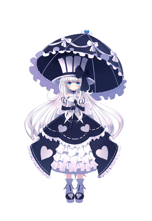 1girl black_gloves blue_eyes choker detached_sleeves dungeon_and_fighter elbow_gloves full_body gloves hat holding ling_(sroin) long_hair looking_at_viewer parasol solo standing striped tagme umbrella white_hair