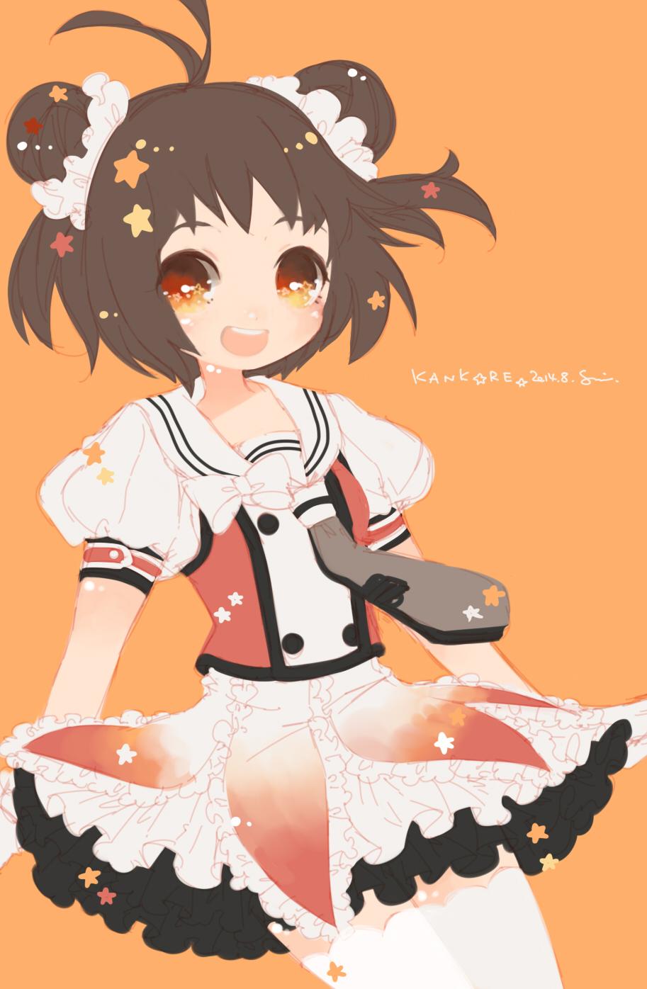 1girl brown_hair double_bun gloves highres kantai_collection naka_(kantai_collection) orange_background orange_eyes puffy_short_sleeves puffy_sleeves school_uniform serafuku short_hair short_sleeves skirt smile star sumisu_(rinsumi) thigh-highs two_side_up white_gloves white_legwear