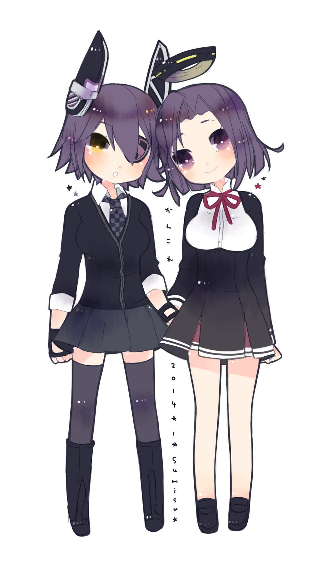 2girls boots breasts eyepatch fingerless_gloves gloves headgear highres holding_hands kantai_collection large_breasts mechanical_halo multiple_girls neck_ribbon necktie no_socks purple_hair ribbon school_uniform short_hair smile sumisu_(rinsumi) tatsuta_(kantai_collection) tenryuu_(kantai_collection) thigh-highs violet_eyes yellow_eyes