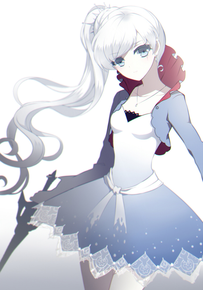 1girl grey_eyes hair_ornament holding jewelry ling_(sroin) long_hair looking_at_viewer necklace rwby scar side_ponytail solo sword tagme weapon weiss_schnee white_background white_hair