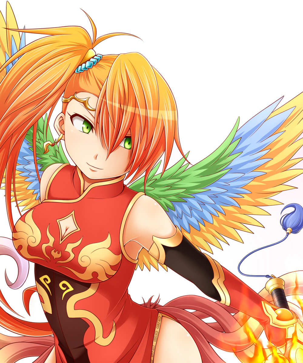 1girl breasts china_dress chinese_clothes cleavage cleavage_cutout elbow_gloves female gloves green_eyes highres leiran_(p&amp;d) multicolored_wings puzzle_&amp;_dragons redhead side_ponytail smile solo sword tottsuman weapon wings