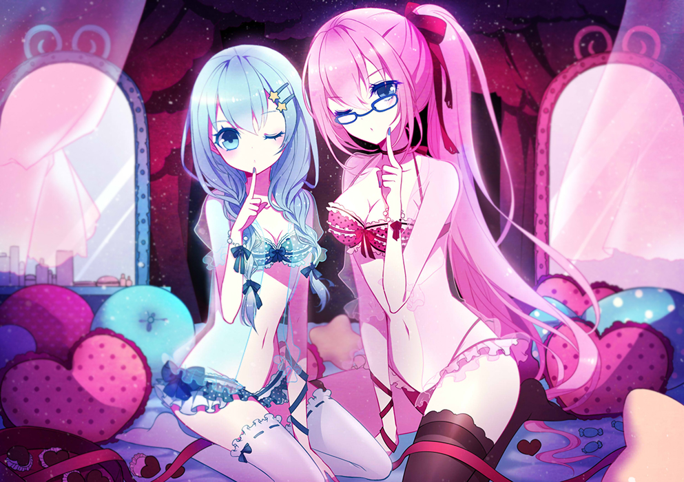 2girls alternate_hairstyle blue_eyes blue_hair bow bra finger_to_mouth glasses hair_bow hair_ribbon hatsune_miku heart heart_pillow ling_(sroin) long_hair looking_at_viewer low_twintails megurine_luka mirror multiple_girls navel pillow pink_hair ponytail ribbon sitting thighhighs twintails underwear veil vocaloid wink