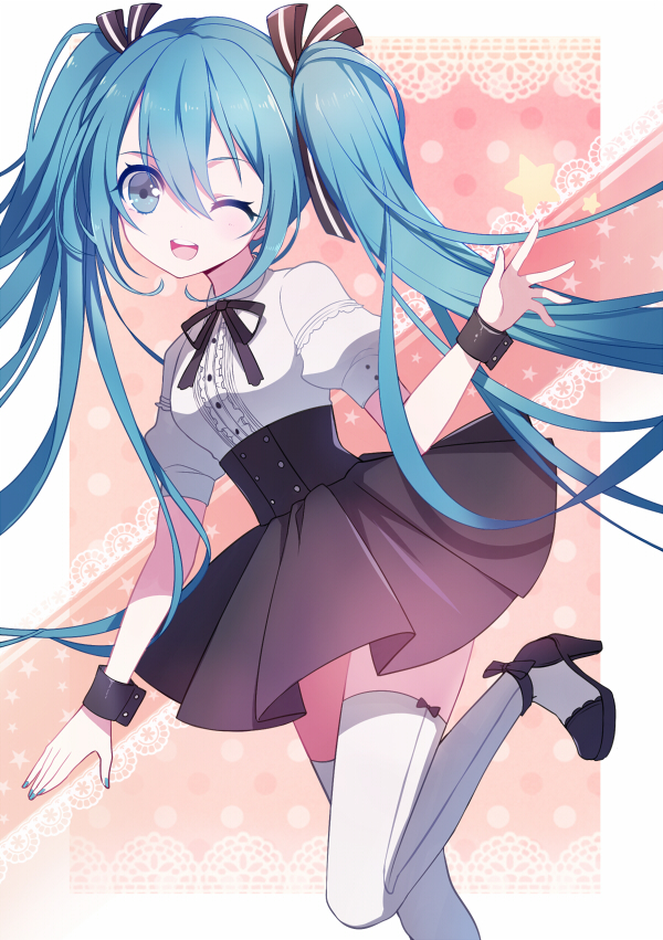 1girl ;d blue_eyes blue_hair bow bowtie hair_bow hair_ribbon hatsune_miku ling_(sroin) long_hair looking_at_viewer open_mouth pleated_skirt ribbon skirt smile solo tagme twintails vocaloid white_legwear wink