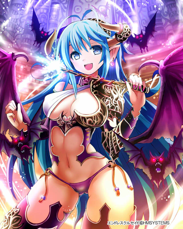 :d antenna_hair bat blue_eyes breasts contrapposto demon_girl demon_wings earrings givuchoko horns jewelry long_hair navel open_mouth original panties pink_nails pointy_ears purple_panties smile succubus thigh-highs underwear wand wings