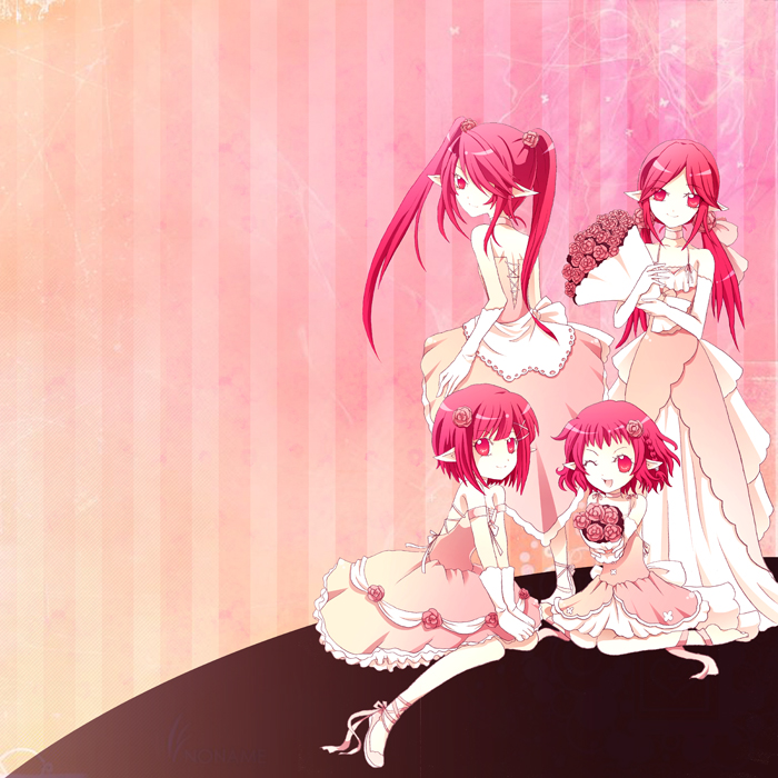 4girls ;d bouquet bow choker dungeon_and_fighter flower hair_bow hair_ornament hair_ribbon ling_(sroin) long_hair multiple_girls one_eye_closed open_mouth pointy_ears red_eyes redhead ribbon short_hair sitting smile standing twintails