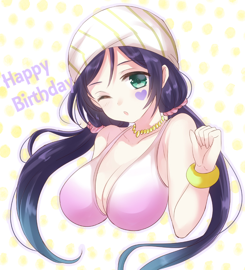 1girl ;o aqua_eyes bandana bikini bracelet breasts bust cleavage facial_tattoo happy_birthday harimoji heart_tattoo jewelry long_hair love_live!_school_idol_project necklace one_eye_closed pink_bikini polka_dot polka_dot_background purple_hair solo swimsuit tattoo toujou_nozomi twintails