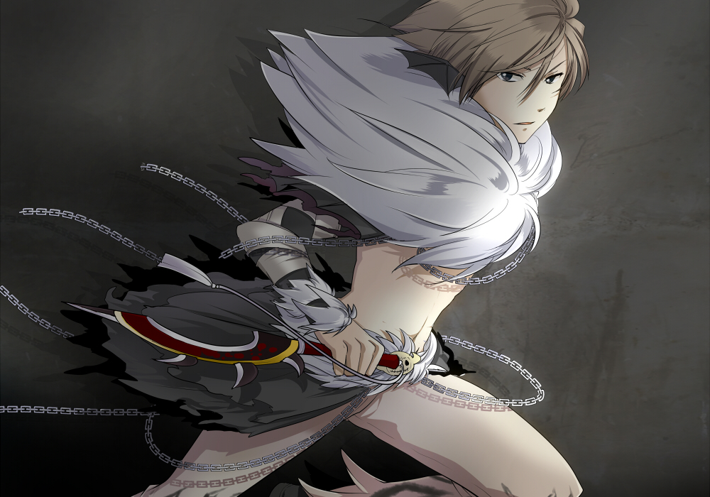 1boy bangs bat_wings black_cape black_eyes brown_pants cape chain commentary_request dagger feet_out_of_frame hair_between_eyes head_wings holding holding_dagger holding_weapon knife light_brown_hair looking_at_viewer male_focus open_mouth pants ragnarok_online sasai_saki shadow_chaser_(ragnarok_online) short_hair solo waist_cape weapon wings