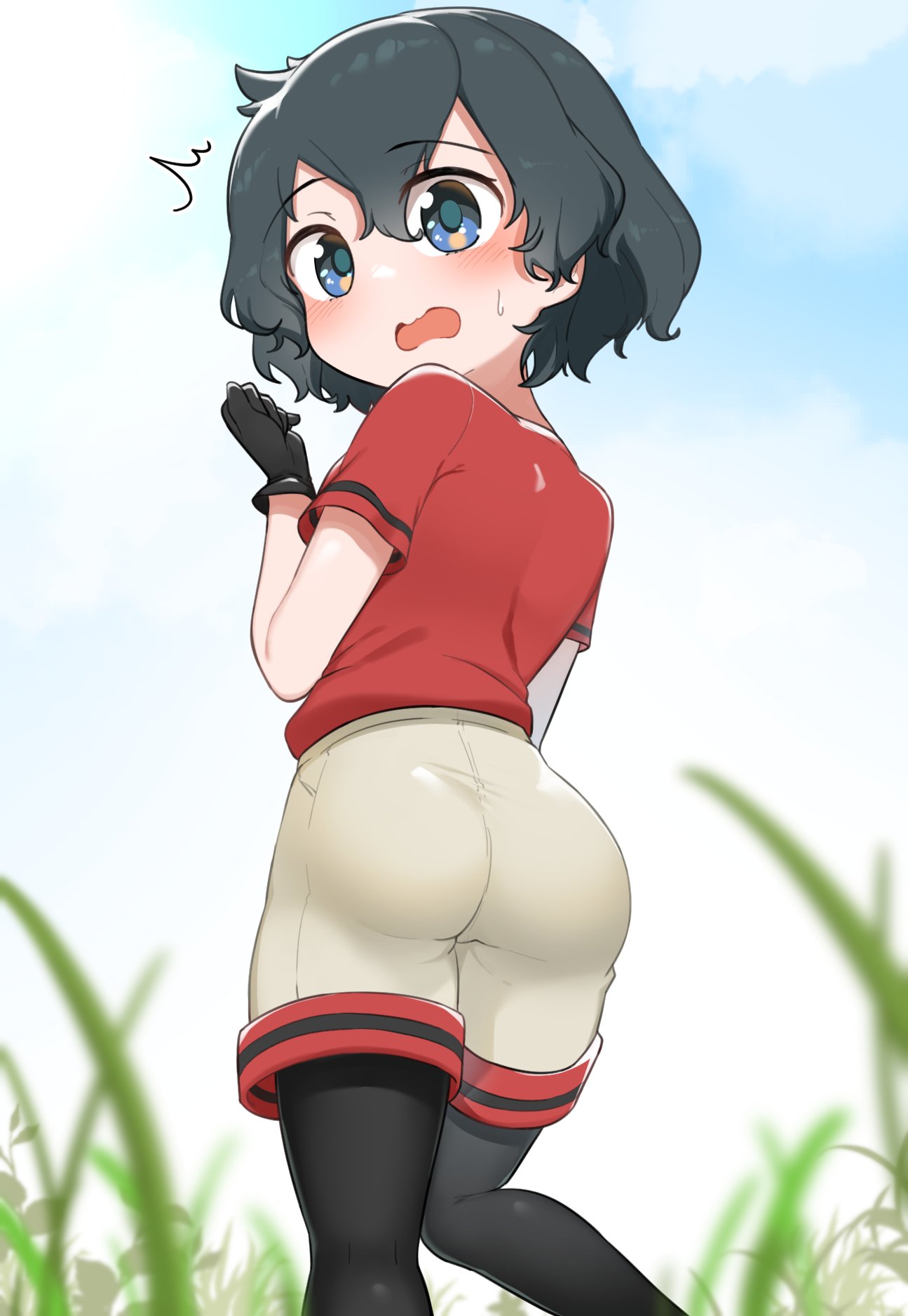 1girl ass ass_focus backpack bag black_eyes black_gloves black_hair black_legwear blush chis_(js60216) gloves grass hair_between_eyes hat_feather helmet highres kaban_(kemono_friends) kemono_friends looking_at_viewer pants pantyhose pith_helmet red_shirt shirt short_hair shorts solo tight tight_pants wavy_hair