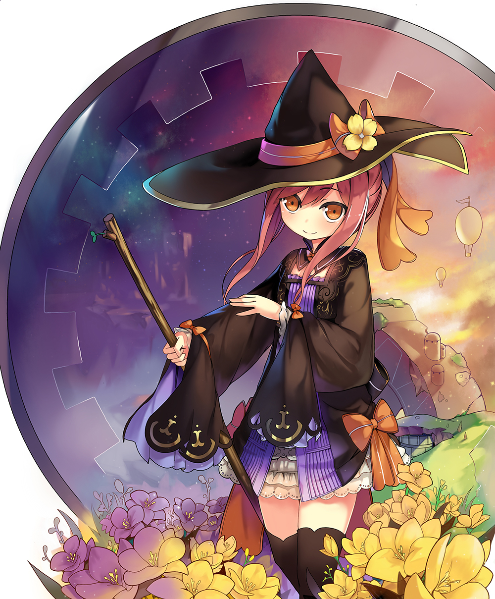 1girl atelier_(series) atelier_ayesha black_legwear broom brown_eyes flower frilled_skirt frills hat highres lino-lin looking_at_viewer redhead skirt smile solo tagme thigh-highs wide_sleeves wilbell_voll=erslied witch_hat zettai_ryouiki