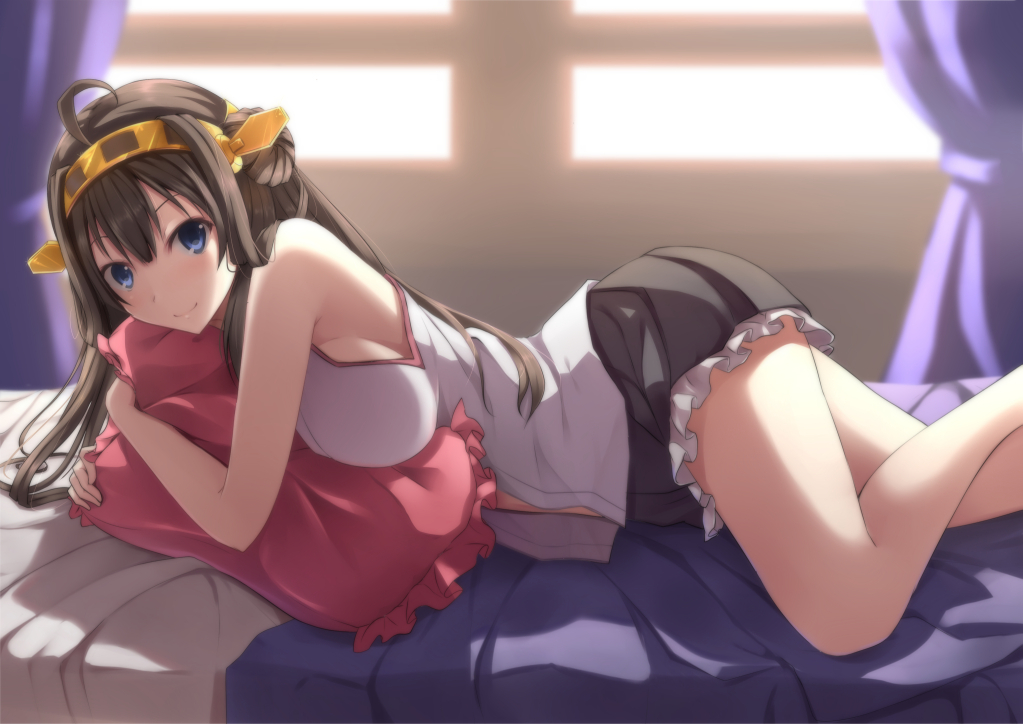 1girl bare_shoulders blouse breasts brown_hair curtains double_bun hair_ornament hairband headgear japanese_clothes kantai_collection kongou_(kantai_collection) long_hair lying nicoby nontraditional_miko on_bed on_stomach skirt smile solo window