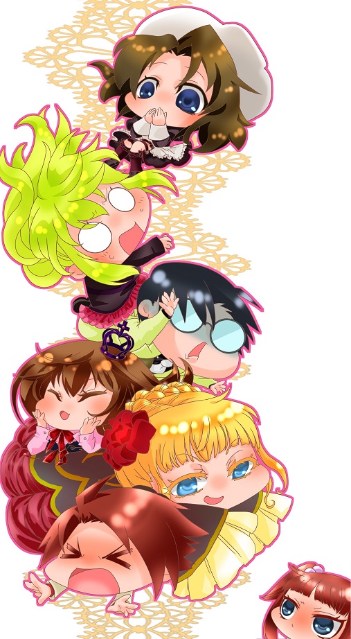 &gt;_&lt; 2boys 5girls akikan_(resembool) beatrice black_hair blonde_hair blue_eyes brown_hair chibi closed_eyes crown flower glasses hair_bobbles hair_bun hair_flower hair_ornament multiple_boys multiple_girls ponytail redhead rose shannon umineko_no_naku_koro_ni ushiromiya_ange ushiromiya_battler ushiromiya_george ushiromiya_jessica ushiromiya_maria wide_sleeves