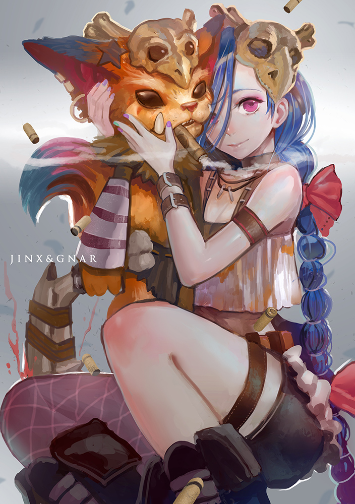 1boy 1girl belt blue_hair bow breasts bullet_casing character_name choker cigar cleavage danann earrings english gnar_(league_of_legends) hair_bow jewelry jinx_(league_of_legends) league_of_legends long_hair looking_at_viewer nail_polish necklace red_eyes single_thighhigh skull smile squatting thigh-highs thigh_strap very_long_hair