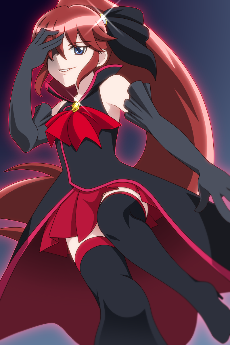 1girl black_gloves black_legwear blue_background blue_eyes boots cure_lovely elbow_gloves genderswap gloves hair_ornament hair_ribbon hairpin happinesscharge_precure! highres long_hair magical_girl nameko_nuru phantom_(happinesscharge_precure!) ponytail precure red_skirt redhead ribbon skirt smile solo thigh-highs thigh_boots