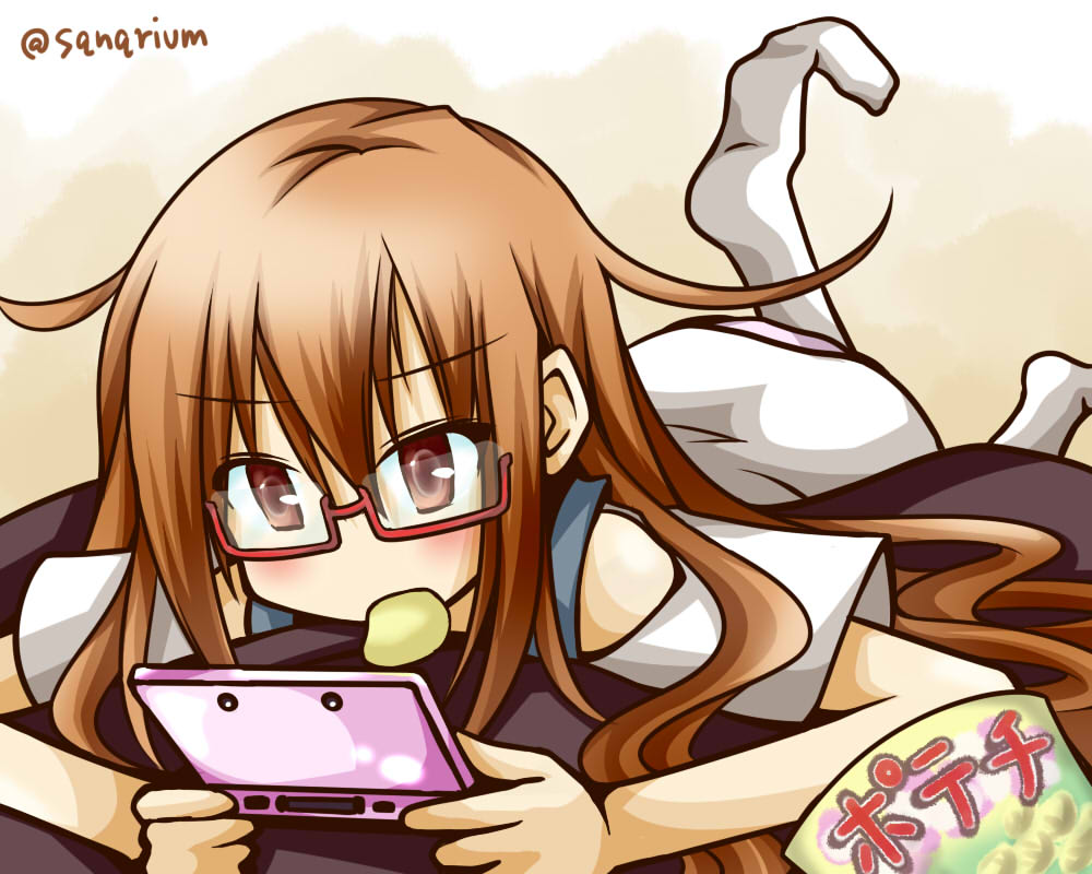 1girl alternate_costume brown_eyes brown_hair casual eating glasses holding kantai_collection long_hair lying mochizuki_(kantai_collection) muji_body_fitting_sofa nintendo_ds on_stomach playing_games potato_chips solo tagme tomoe_himuro