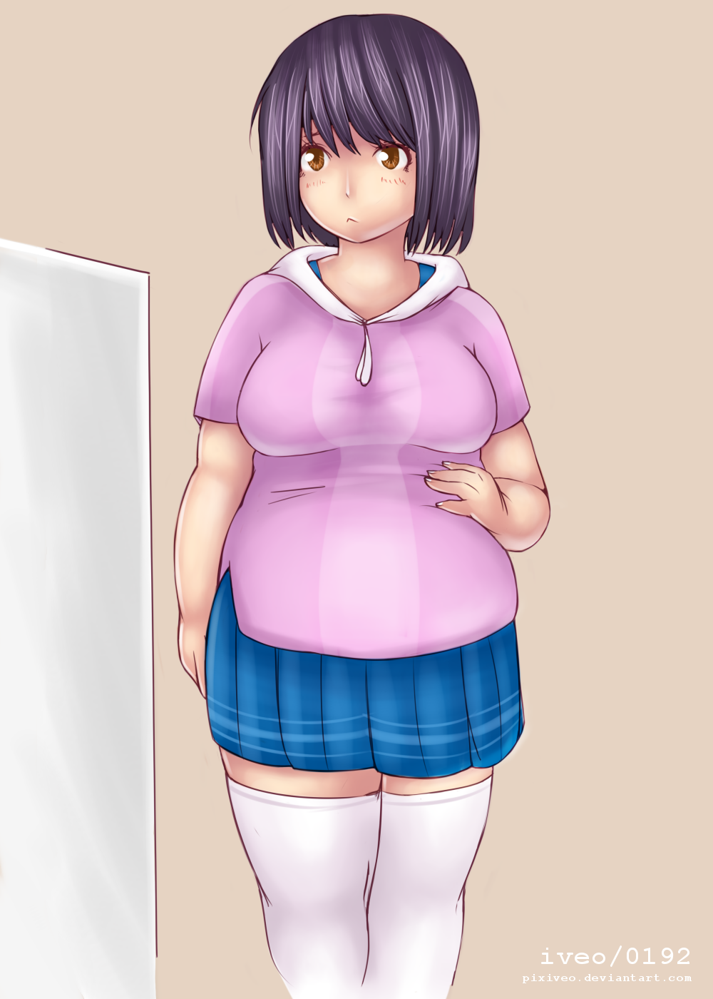 1girl :&lt; black_hair brown_eyes hand_on_own_stomach highres hoodie iveo miniskirt original plump short_hair skirt solo thigh-highs weight_conscious white_legwear