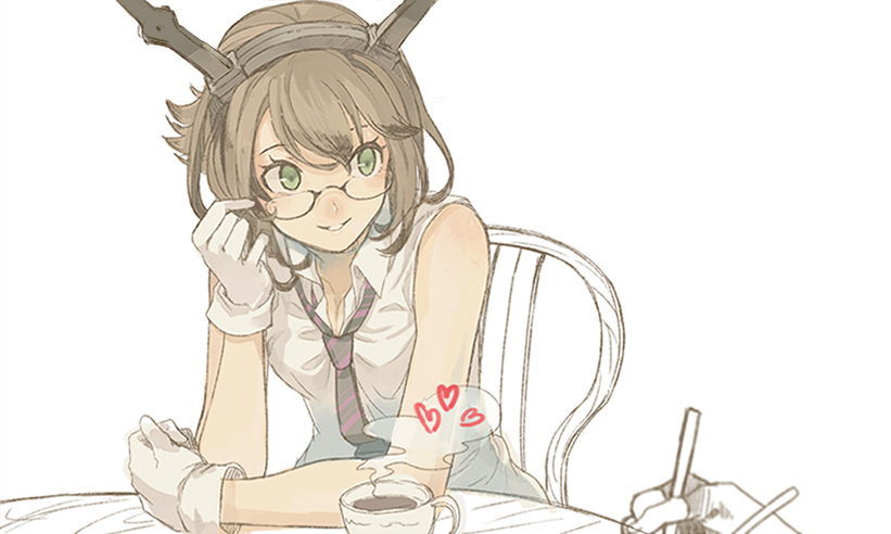 1girl adjusting_glasses bare_shoulders bespectacled brown_hair coffee cosmic_(crownclowncosmic) glasses gloves green_eyes headgear heart kantai_collection looking_at_another mutsu_(kantai_collection) short_hair simple_background solo white_background white_gloves