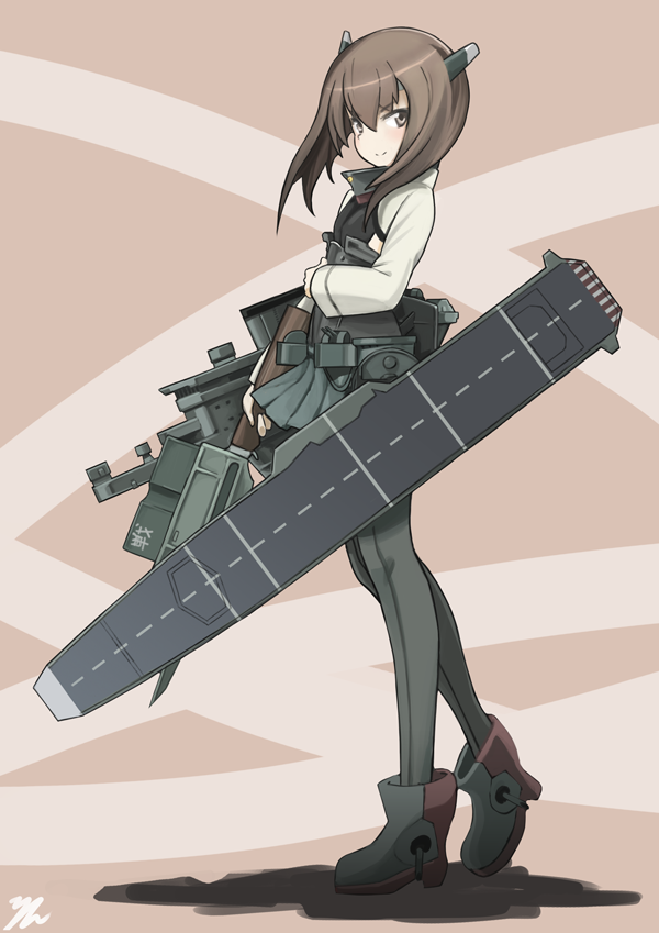 1girl boots bow_(weapon) brown_eyes brown_hair crossbow flight_deck headgear kadokura_(whokdkr) kantai_collection long_sleeves looking_at_viewer machinery military military_uniform pleated_skirt short_hair skirt smile solo taihou_(kantai_collection) thigh-highs uniform weapon