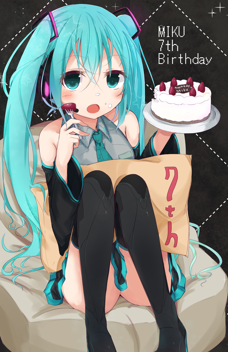 1girl aqua_eyes aqua_hair cake character_name detached_sleeves food food_on_face fork happy_birthday hatsune_miku highres long_hair lush necktie open_mouth sasahara_wakaba sitting skirt solo thigh-highs twintails very_long_hair vocaloid