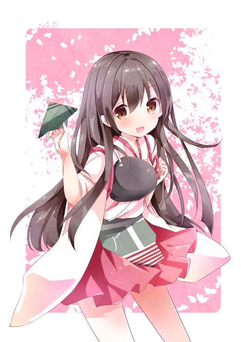 1girl akagi_(kantai_collection) brown_eyes brown_hair cherry_blossoms japanese_clothes kantai_collection leaf leaf_background light_smile long_hair looking_at_viewer muneate nanase_nao paper_airplane skirt solo standing