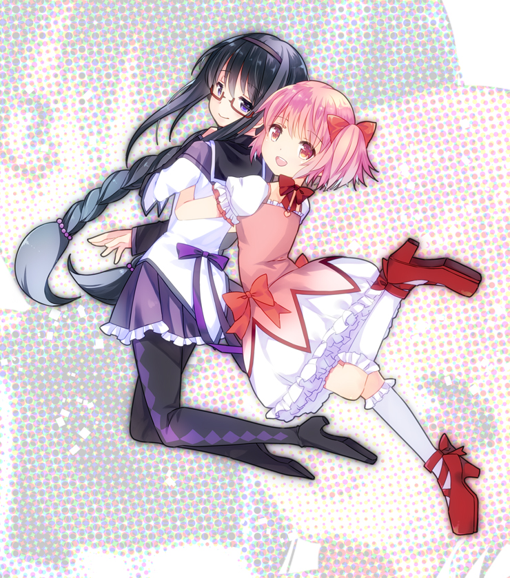 2girls akemi_homura black_hair bow braid bubble_skirt glasses hair_bow hug kaname_madoka kneehighs long_hair magical_girl mahou_shoujo_madoka_magica multiple_girls nasunoko pink_eyes pink_hair semi-rimless_glasses short_hair short_twintails twin_braids twintails under-rim_glasses violet_eyes white_legwear