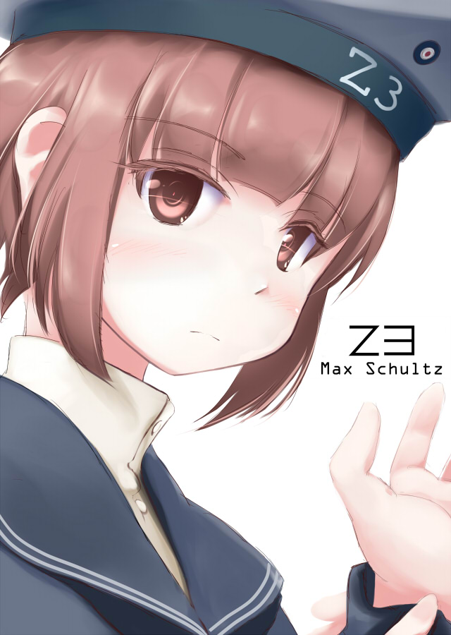 1girl auburn_hair beret blush brown_eyes brown_hair bust buttons character_name chipika clothes_writing colored_eyelashes hat kantai_collection sailor_collar sailor_hat short_hair simple_background solo white_background z3_max_schultz_(kantai_collection)