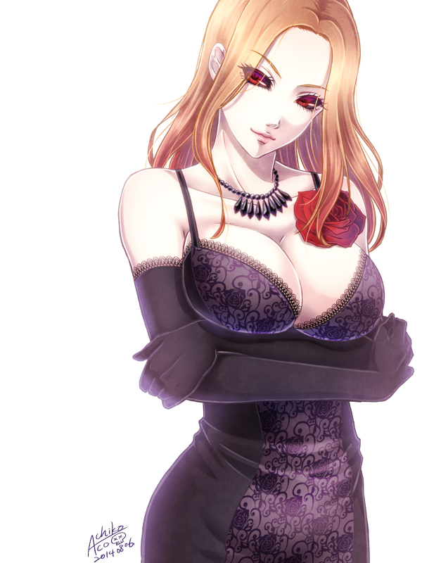 1girl achikoako black_sclera breast_hold breasts cleavage crossed_arms dress elbow_gloves flower gloves itori_(tokyo_ghoul) jewelry lace large_breasts looking_at_viewer necklace orange_hair red_eyes rose seductive_smile solo tokyo_ghoul